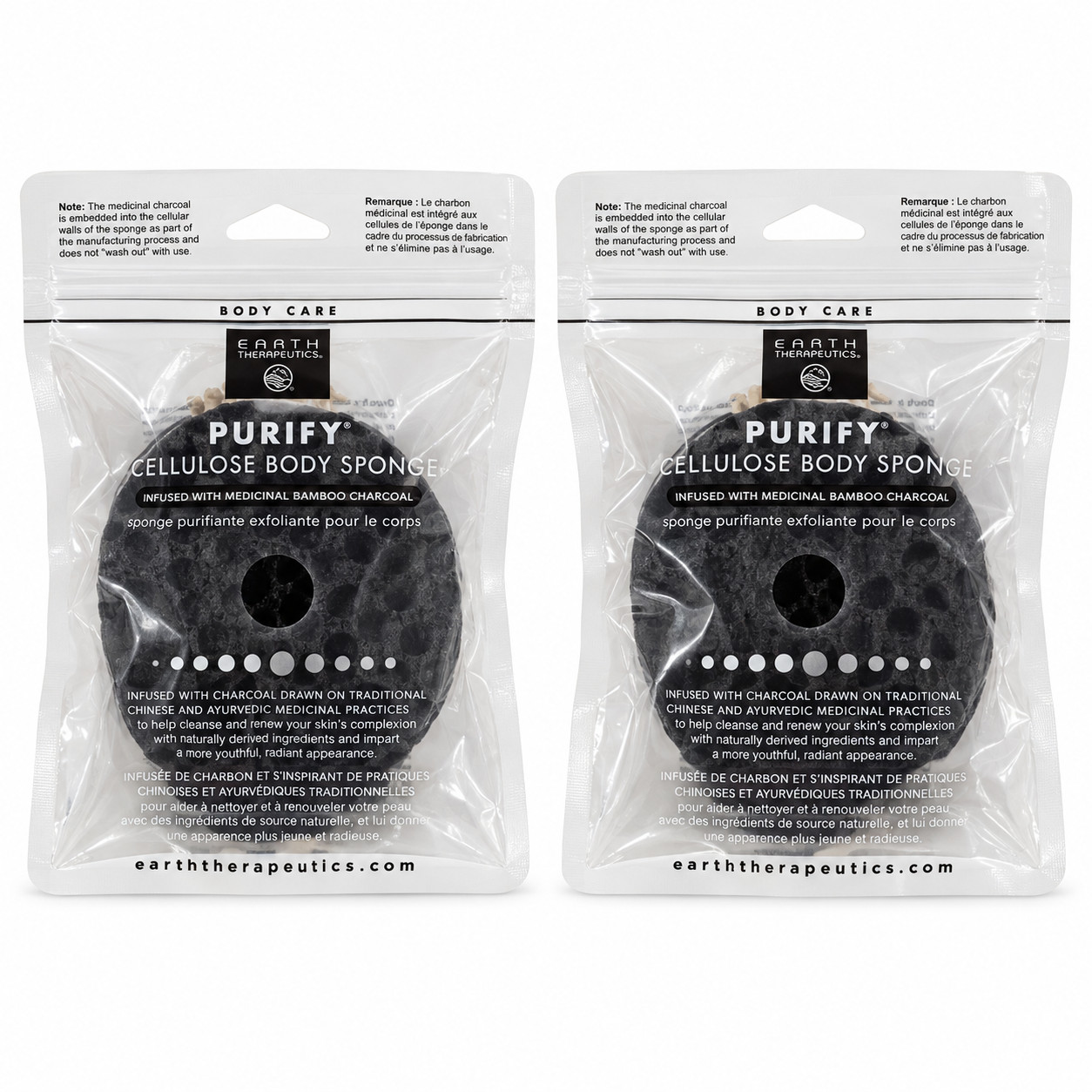 Earth Therapeutics PURIFY Cellulose Body Sponge Bamboo Charcoal 2 Pack New