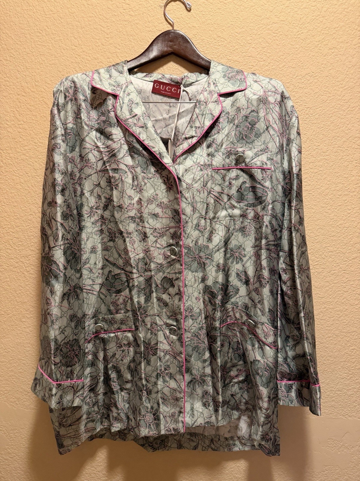 New Gucci GG Supreme Logo Floral Silk Pajamas Sleepwear Green Pink Size 44 US L
