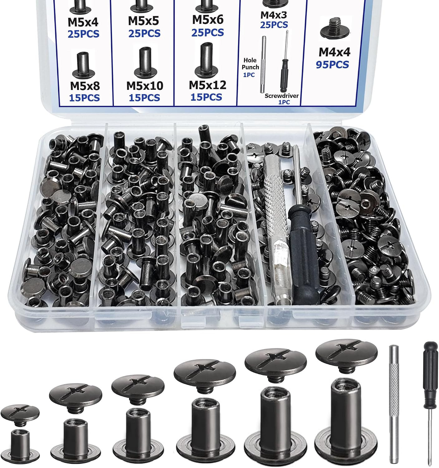 120PCS Chicago Screws for Leather Carbon Steel for Leather Repair 6 Sizes...