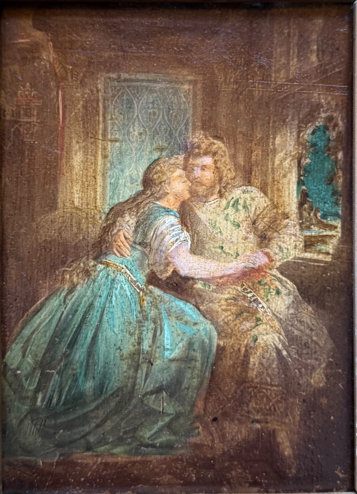 Small Antique Pre-Raphaelite Oil Painting Of Arthurian Period Knight And Lady Small Antique Pre-Raphaelite Oil Painting Of Arthurian Period Knight And Lady