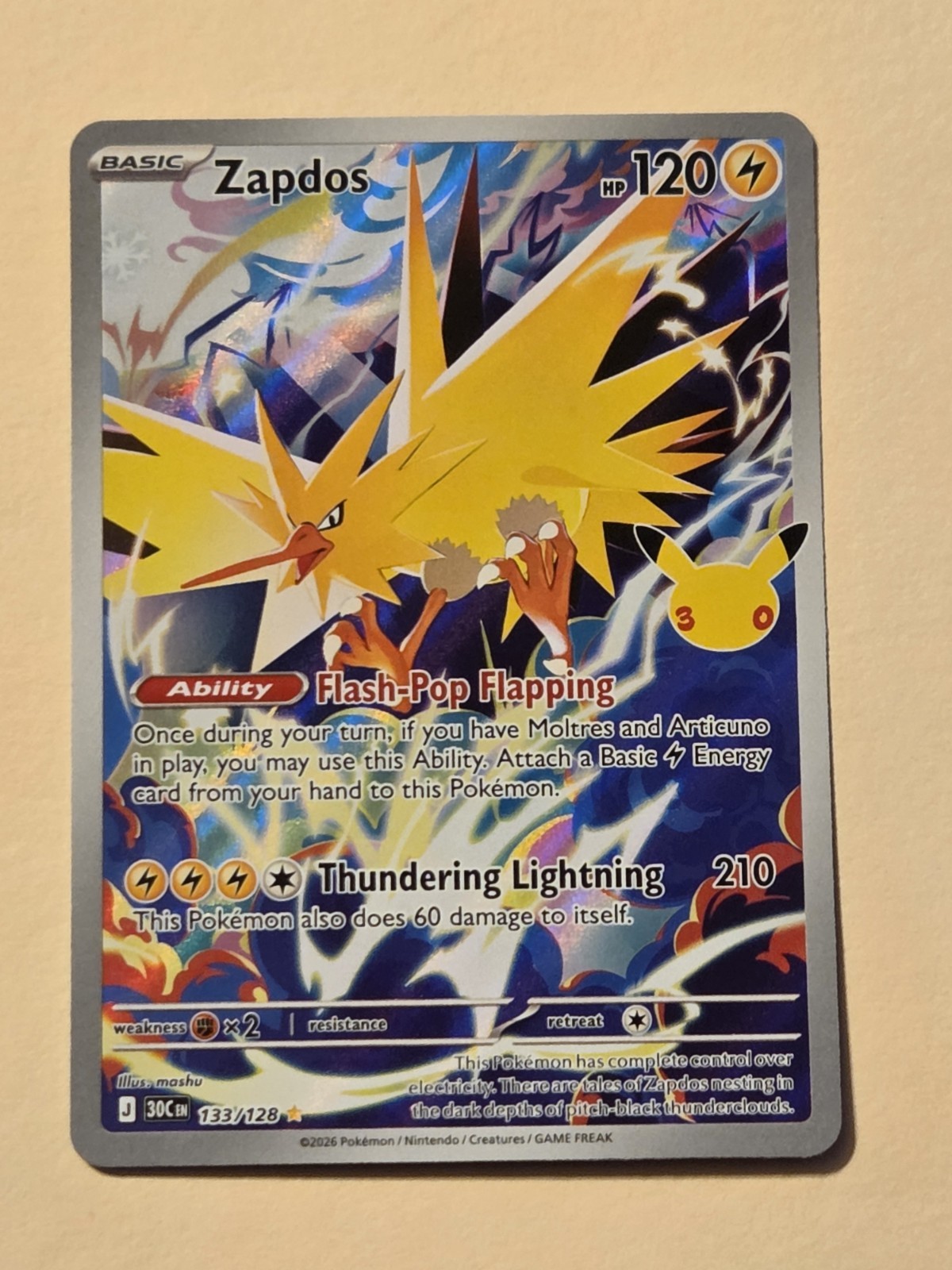 Zapdos 133/128 Pokemon TCG 30th Celebration Illustration Rare Holo Zapdos 133/128 Pokemon TCG 30th Celebration Illustration Rare Holo