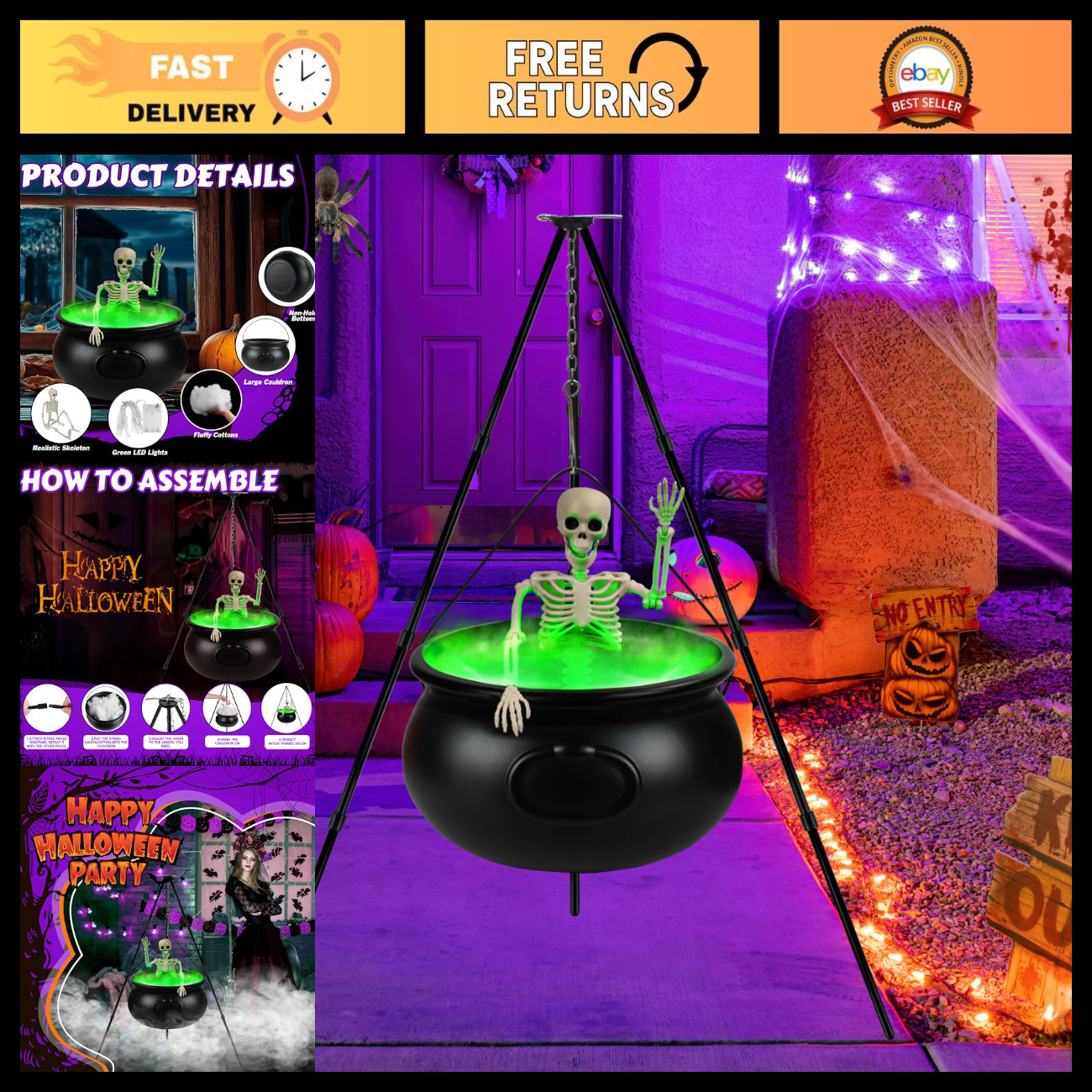 Large Witches Cauldron Kettle on Tripod with Skeleton & LED Lights - Halloween O