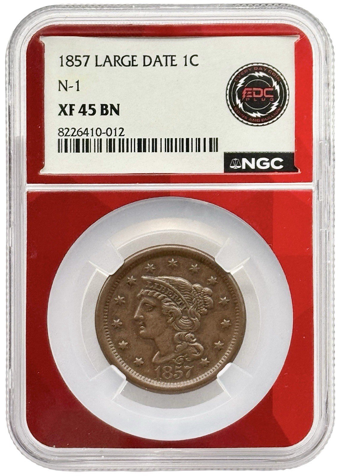 1857 Braided Hair Large Cent Large Date N-1 NGC XF45 BN EDC Label