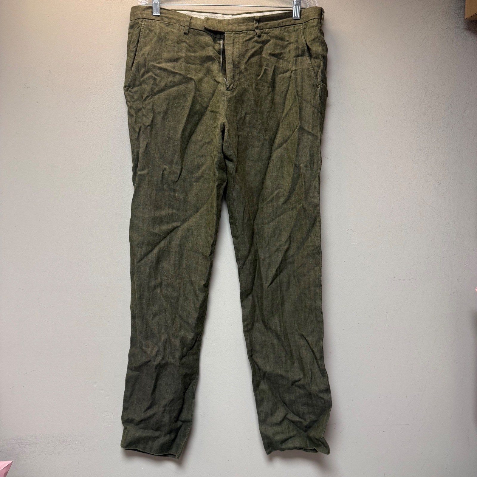 J.Crew Bowery Pants Mens 34x34 Olive Green Excellent Herringbone Dress Trousers