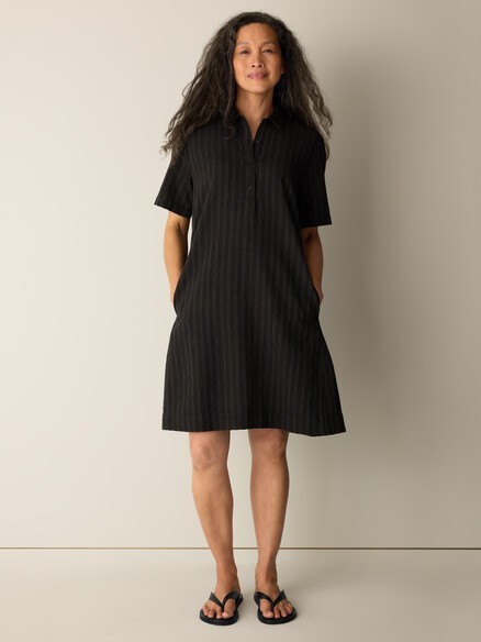 EILEENFISHER Cotton Blend Stripe Stitch Classic Collar Dress BLACK/WHITE