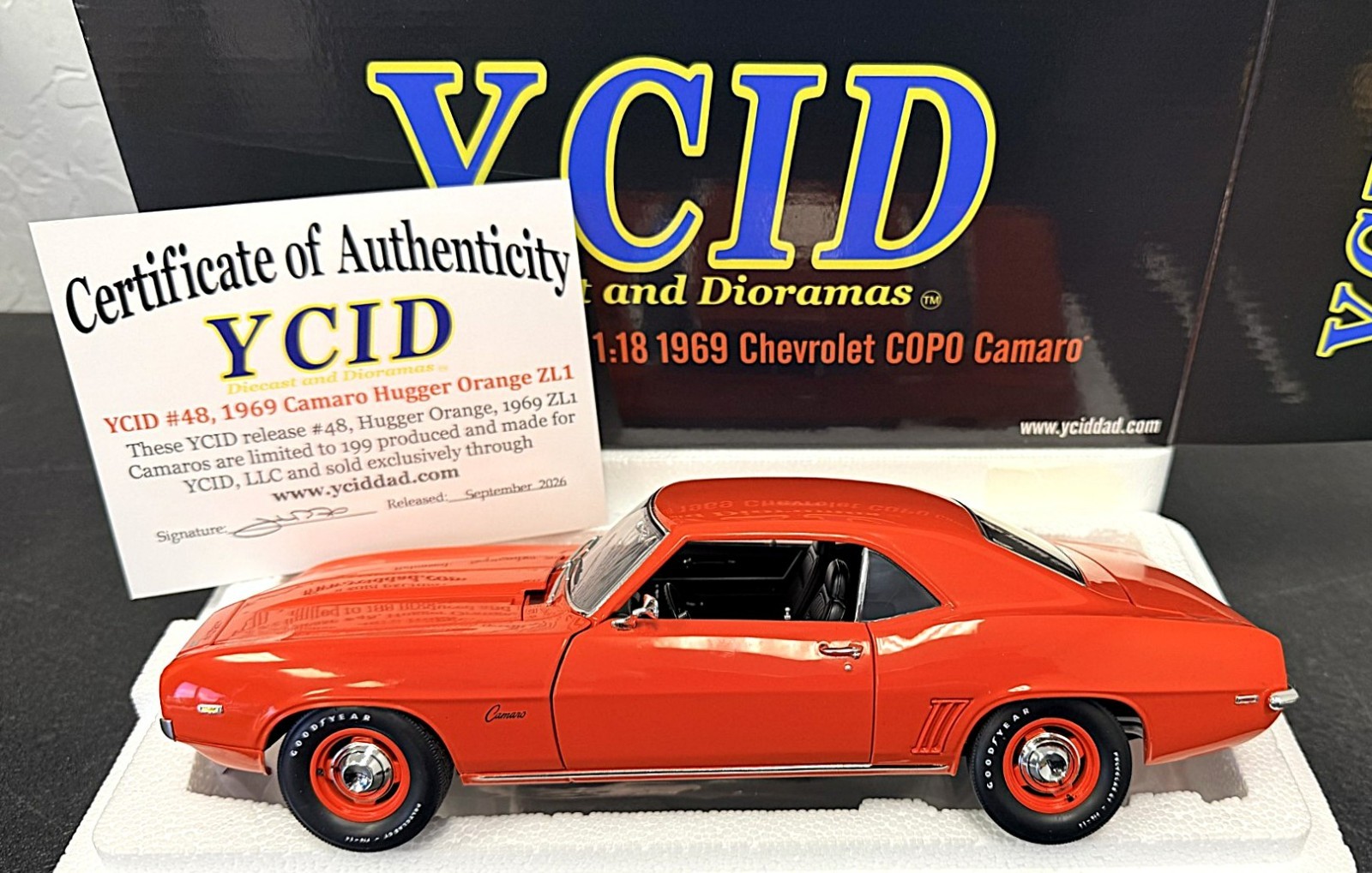 1/18 scale, YCID #48, 1969 COPO 427 CAMARO, HUGGER ORANGE ZL1, 1 of 199 made
