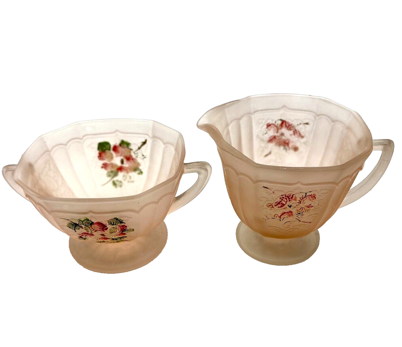 Vtg. Anchor Hocking 1930s Mayfair Pink Satin Sugar & Creamer, Princess Pattern Vtg. Anchor Hocking 1930s Mayfair Pink Satin Sugar & Creamer, Princess Pattern