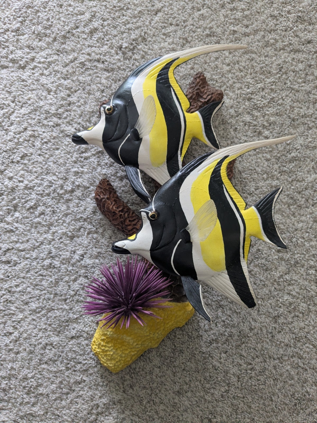2 Hand Carved Wooden Moorish Idol Fish With Faux Coral Reef Mount Sculpture 2 Hand Carved Wooden Moorish Idol Fish With Faux Coral Reef Mount Sculpture