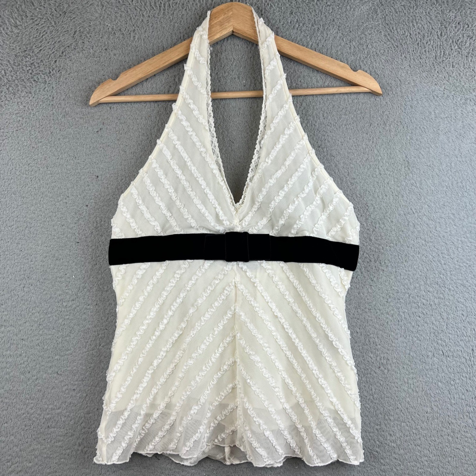 Arden B Y2K Ivory White Ruffle Mesh Halter Top Black Velvet Bow Waist Size M Arden B Y2K Ivory White Ruffle Mesh Halter Top Black Velvet Bow Waist Size M