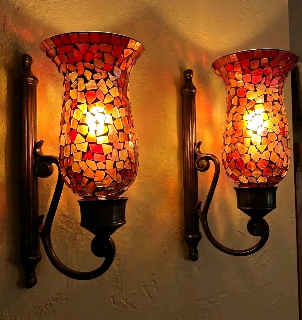 Bombay Vintage Set of 2 Mosaic Glass Metal Wall Sconce Mounted Indoor, MPN 5026 Bombay Vintage Set of 2 Mosaic Glass Metal Wall Sconce Mounted Indoor, MPN 5026