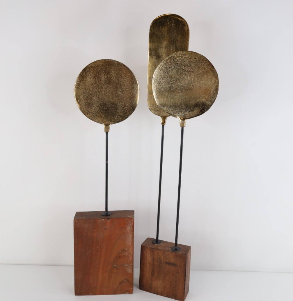 Vintage 70s Mid Century Modern MCM Wood Cast Iron Geometric Art Sculpture Gold Vintage 70s Mid Century Modern MCM Wood Cast Iron Geometric Art Sculpture Gold