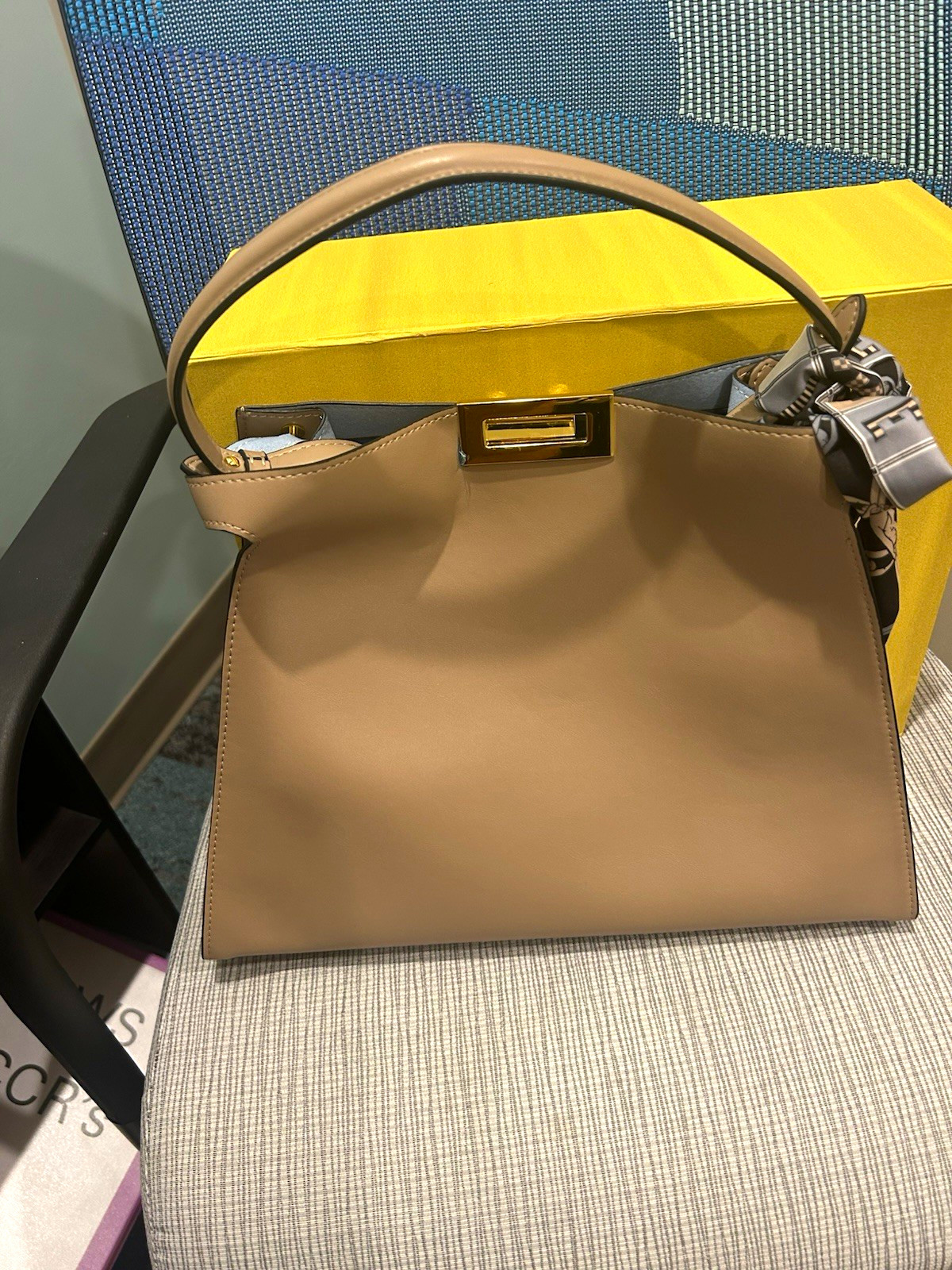 Fendi Roma Beige Medium Top Handle Satchel Turn Lock Gold Hardware Scarf Fendi Roma Beige Medium Top Handle Satchel Turn Lock Gold Hardware Scarf