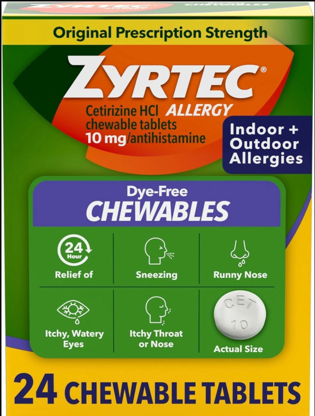 Lot of 2 Zyrtec 24 Hour Allergy Relief Chewable Tablets, 24 Count EXP 3/27 Lot of 2 Zyrtec 24 Hour Allergy Relief Chewable Tablets, 24 Count EXP 3/27