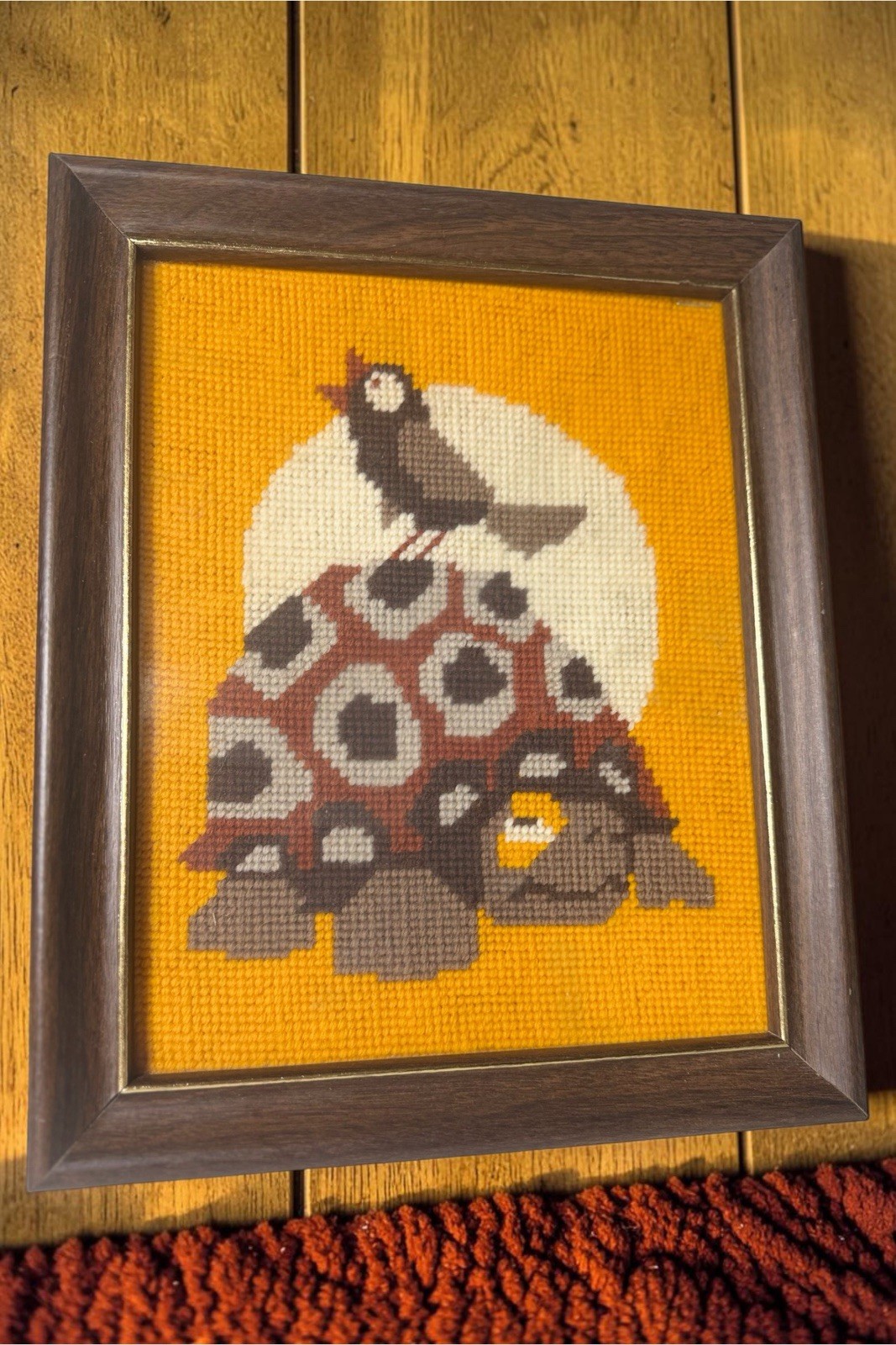 Vintage MCM Turtle Needlepoint Framed Wall Art MCM Decor Groovy Flower Power