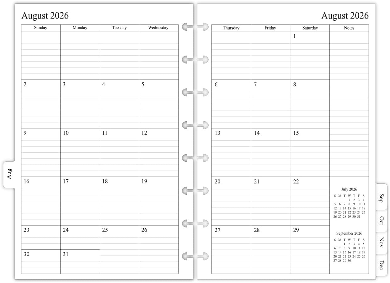 2026-2027 Monthly Planner Refill for 8-Discbound Notebook, Two Pages