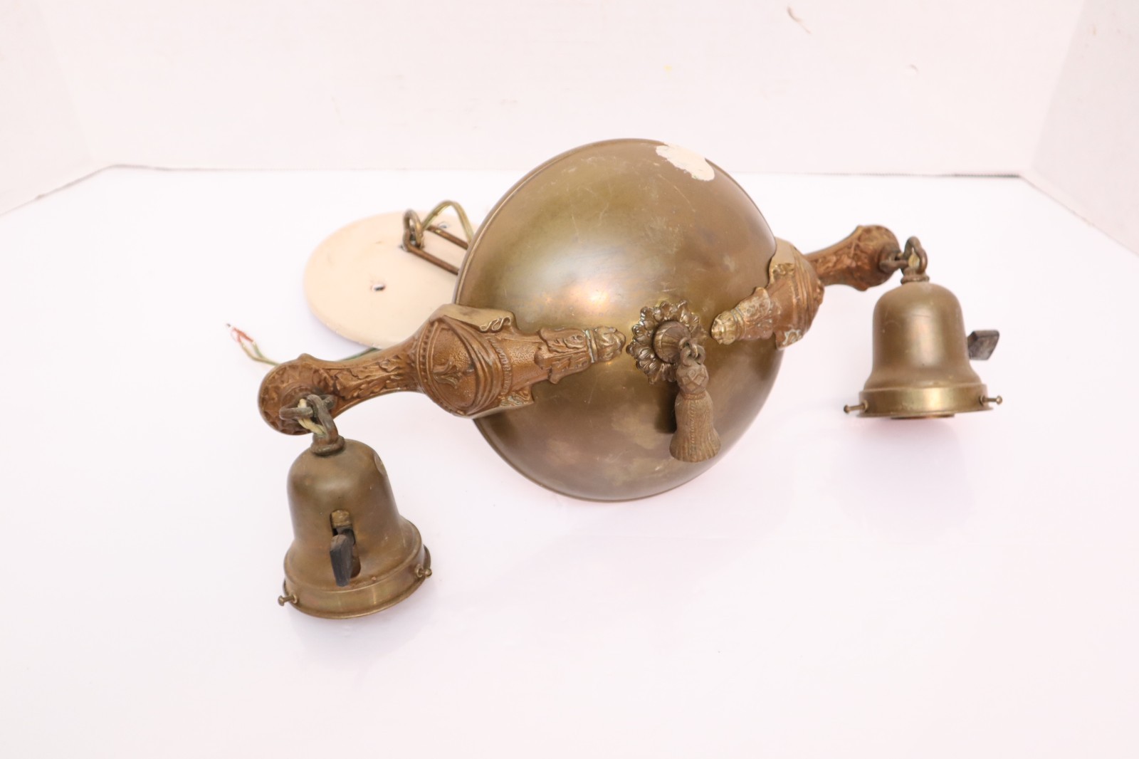 Vintage ATQ Mission Arts & Crafts Brass Pendant Chandelier Light Fixture 2 Light