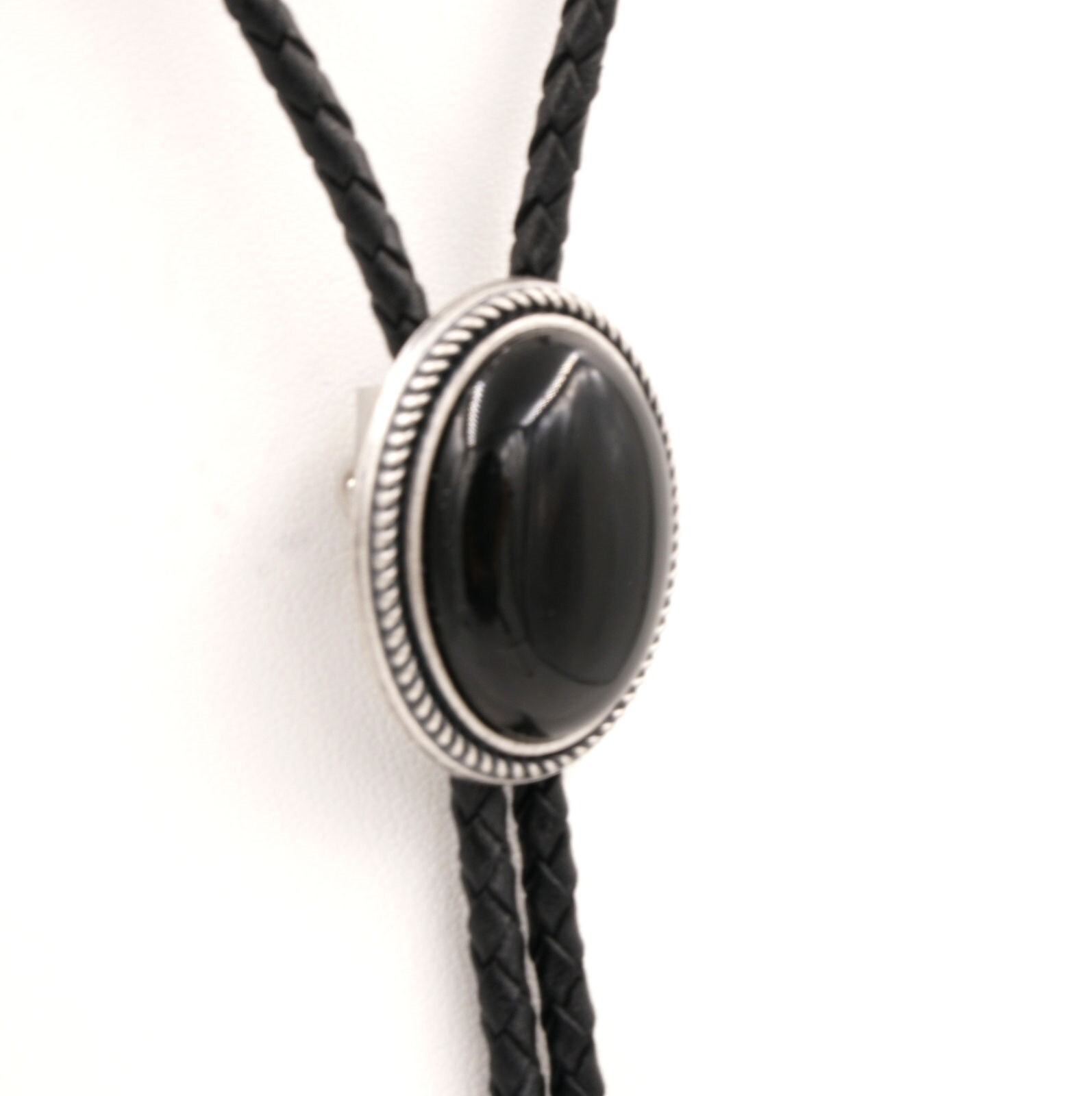 Hand Made Natural Black Onyx Stone Western Cowboy Leather Bolo Neck Tie