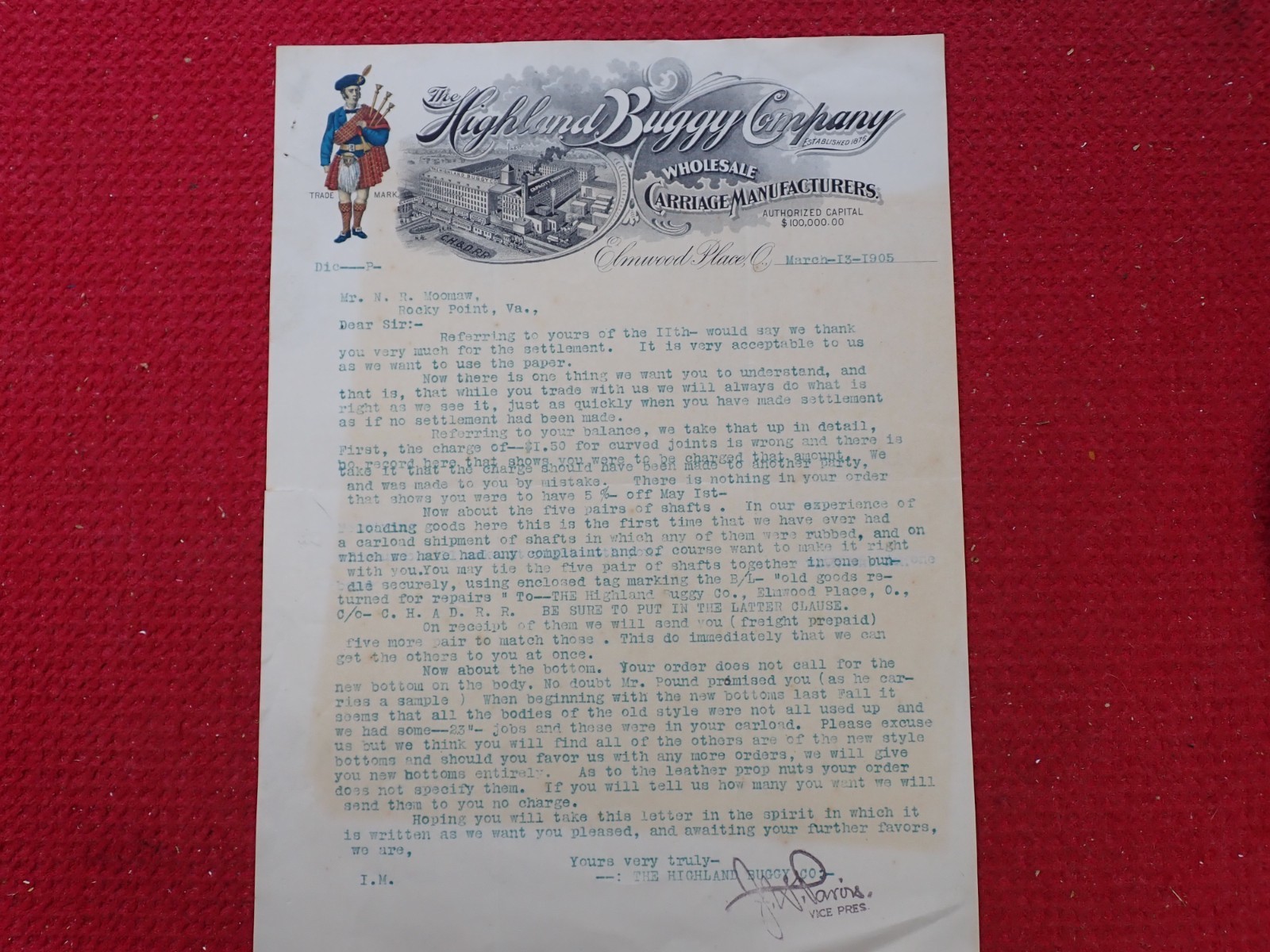 Antique 1905 Highland Buggy Co Advertising Letter Head Carriage Manufacturer