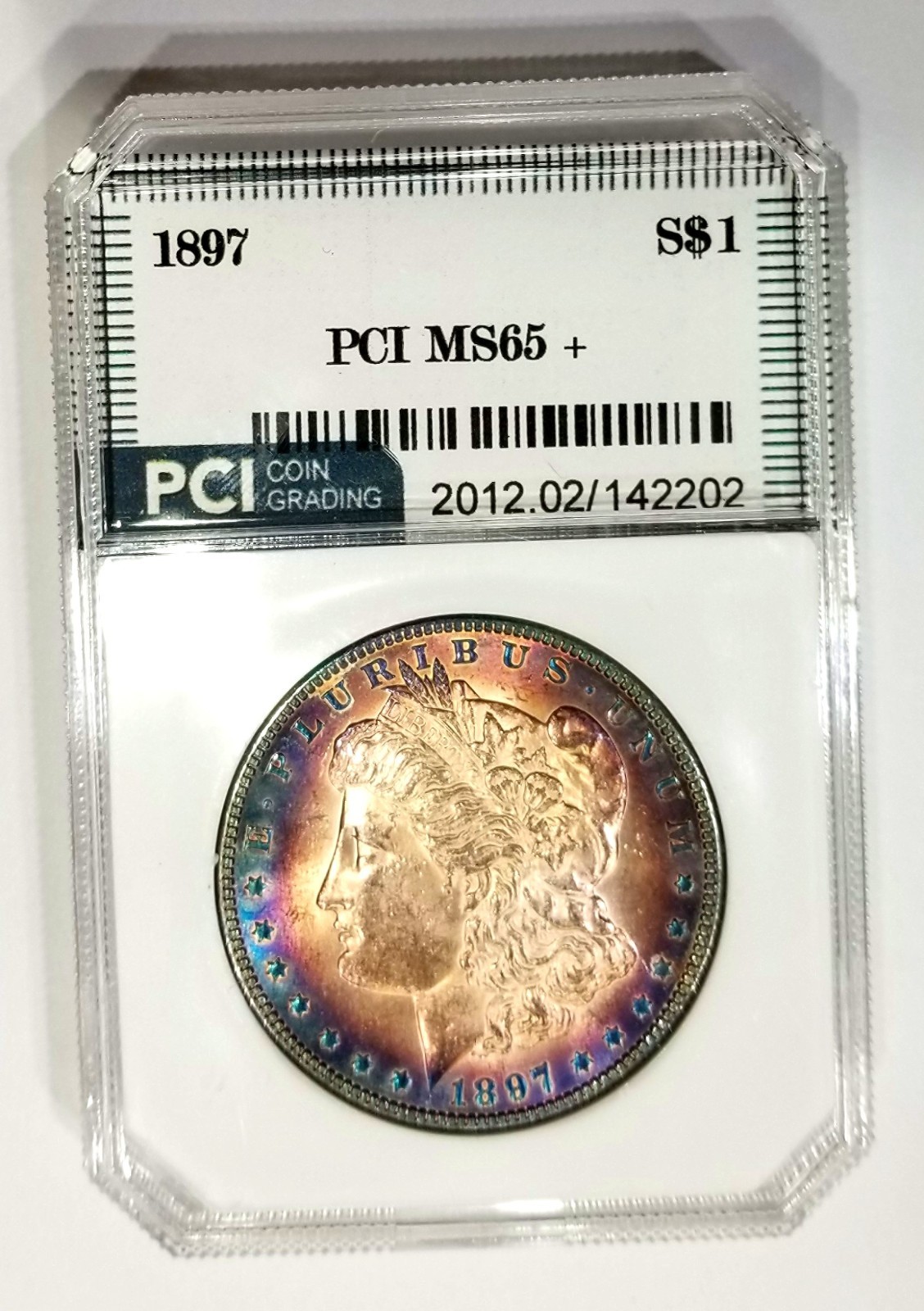1897-P Better Date MS 65 + Album Rainbow Toned Morgan Dollar PCI 1897-P Better Date MS 65 + Album Rainbow Toned Morgan Dollar PCI