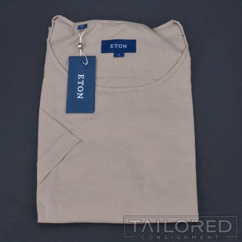 NWT - ETON Solid Beige Fine Twill Silk Cotton Mens Luxury T-Shirt - XL
