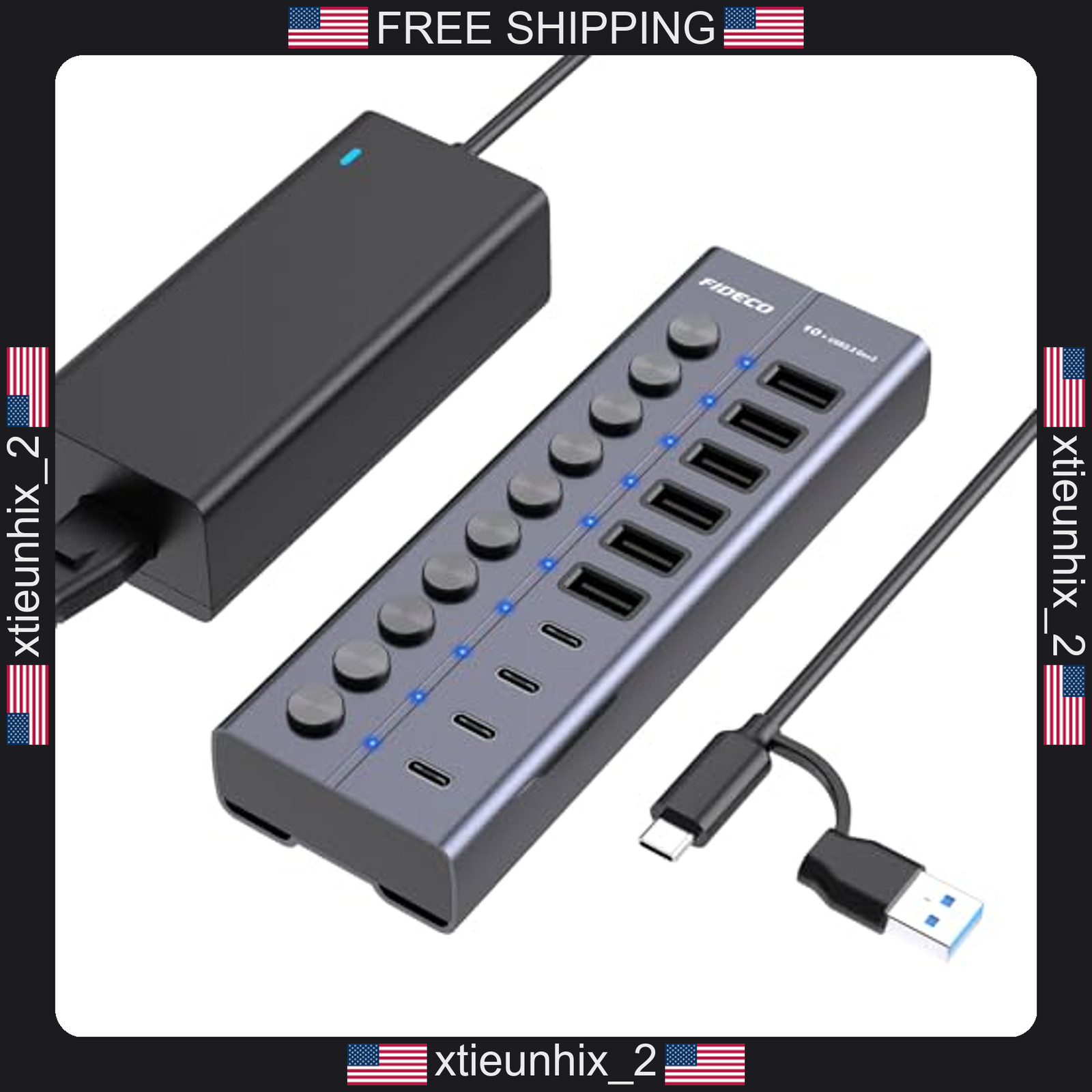 FIDECO 10-Port USB Hub with 60W Power Adapter for Laptop and PC