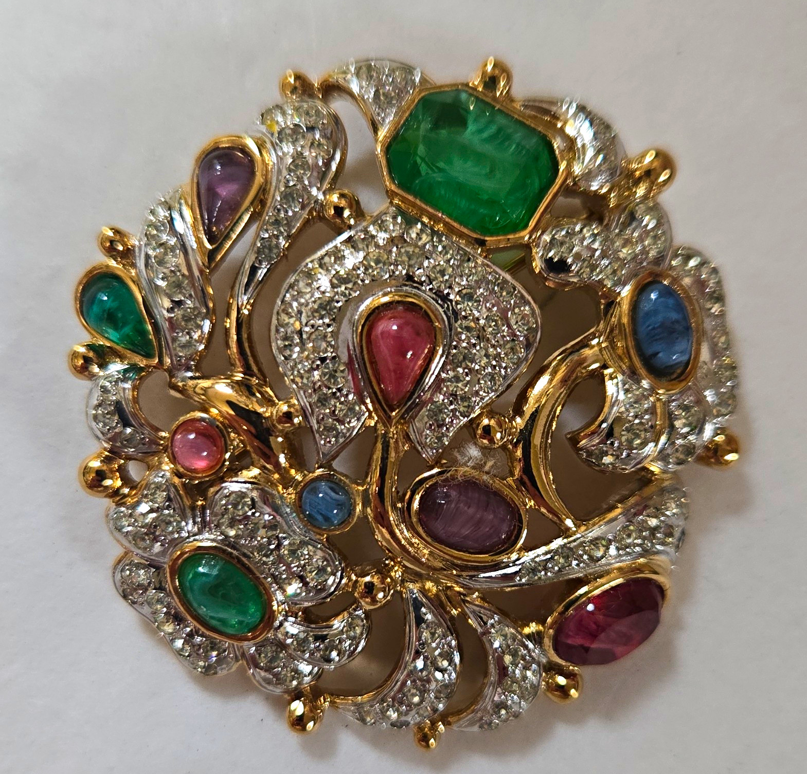 Made in Italy Signed Gold Tone Pavé Multicolor Rhinestone Crystal Brooch Pin