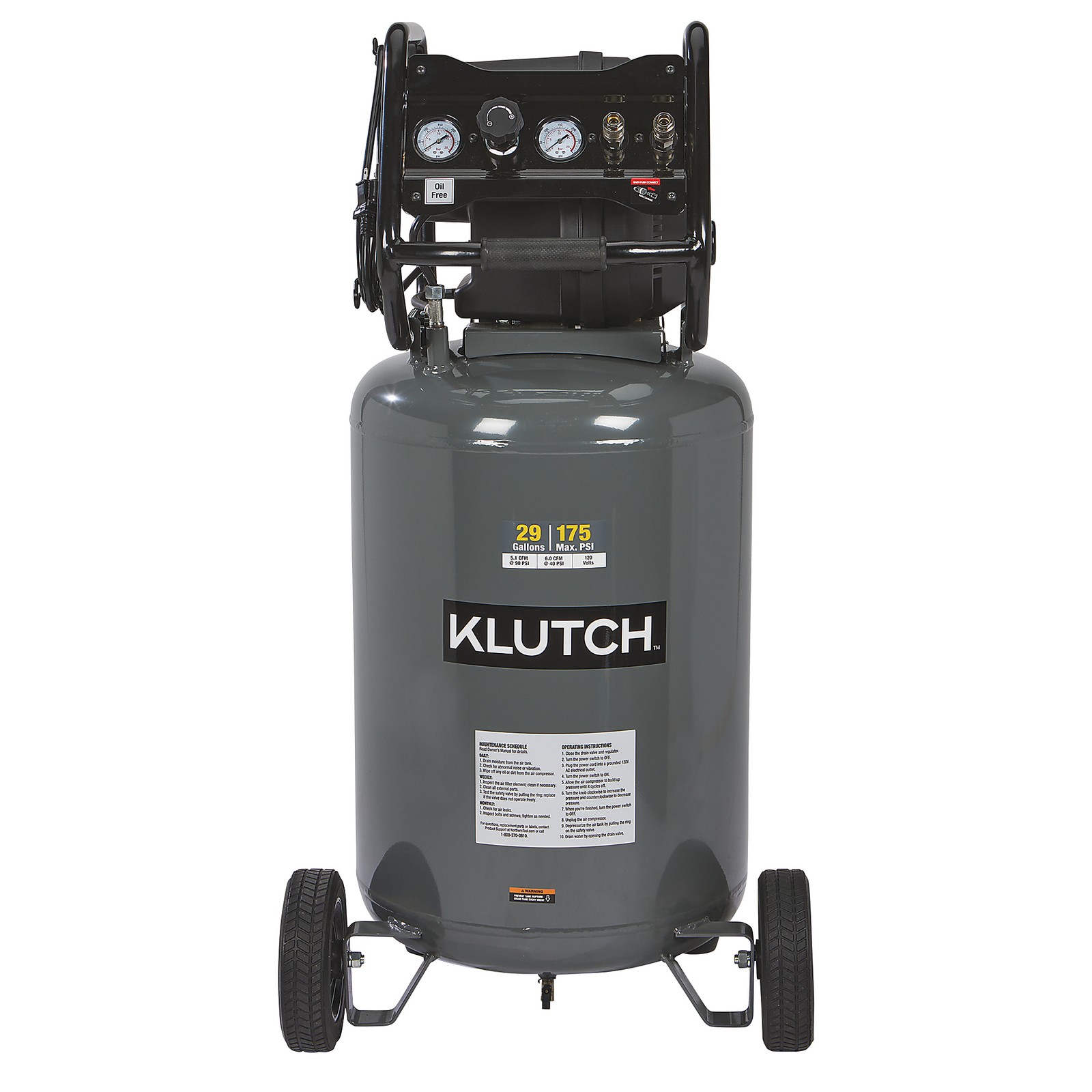 Klutch 29-Gallon Air Compressor, 2.5 HP, 120 Volts, 175 PSI Klutch 29-Gallon Air Compressor, 2.5 HP, 120 Volts, 175 PSI