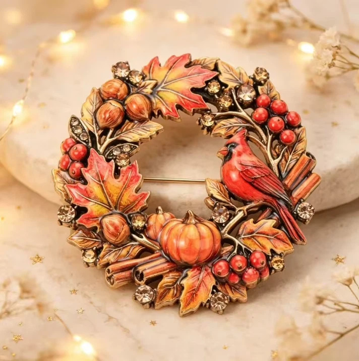 Vintage Christmas Wreath Brooch Pumpkin Red Rhinestone Cardinal Fall Pin Jewelry Vintage Christmas Wreath Brooch Pumpkin Red Rhinestone Cardinal Fall Pin Jewelry