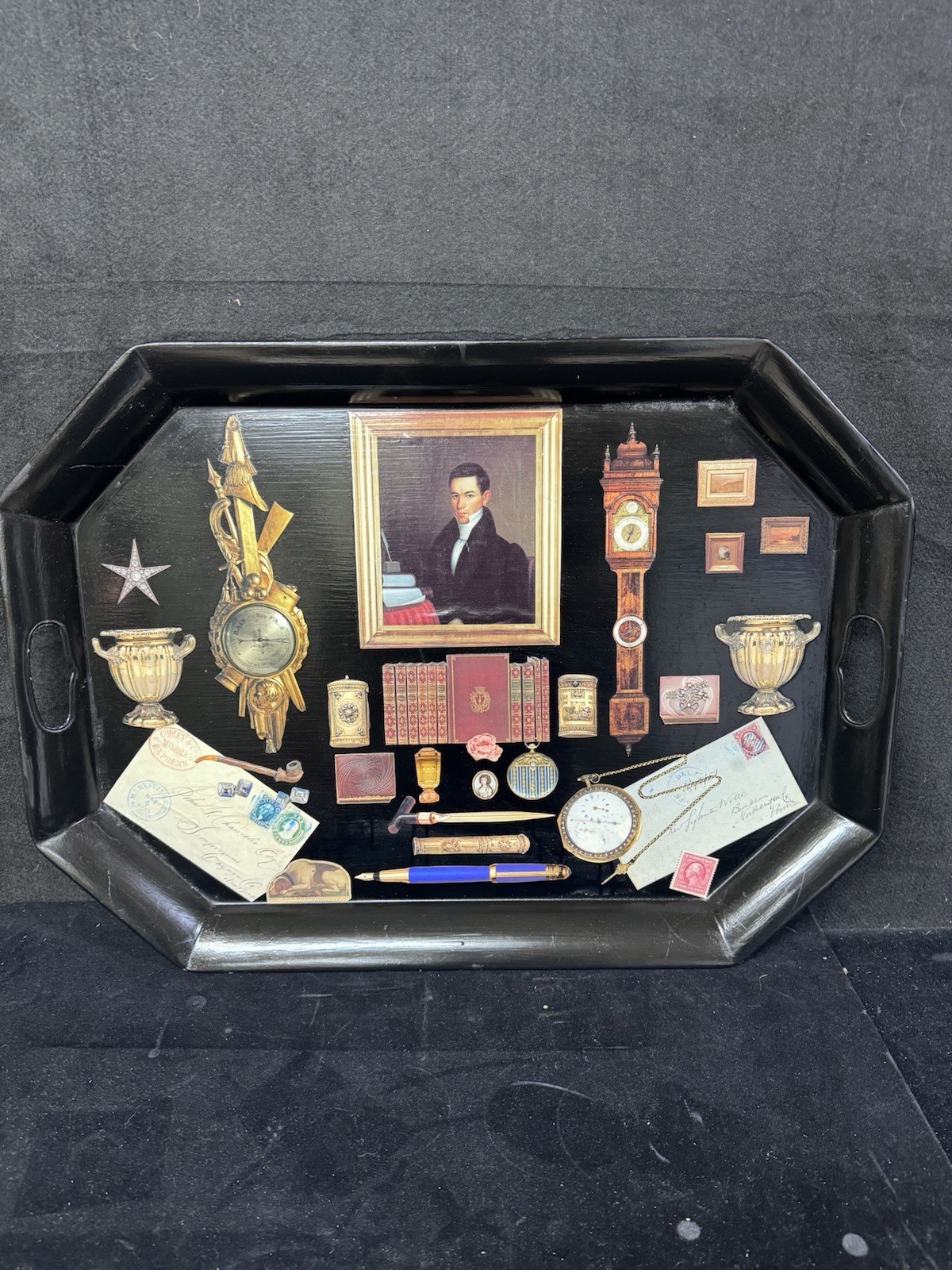 Rare Caroline Minot, an American decoupage artist Serving Tray Signed, And Dated Rare Caroline Minot, an American decoupage artist Serving Tray Signed, And Dated