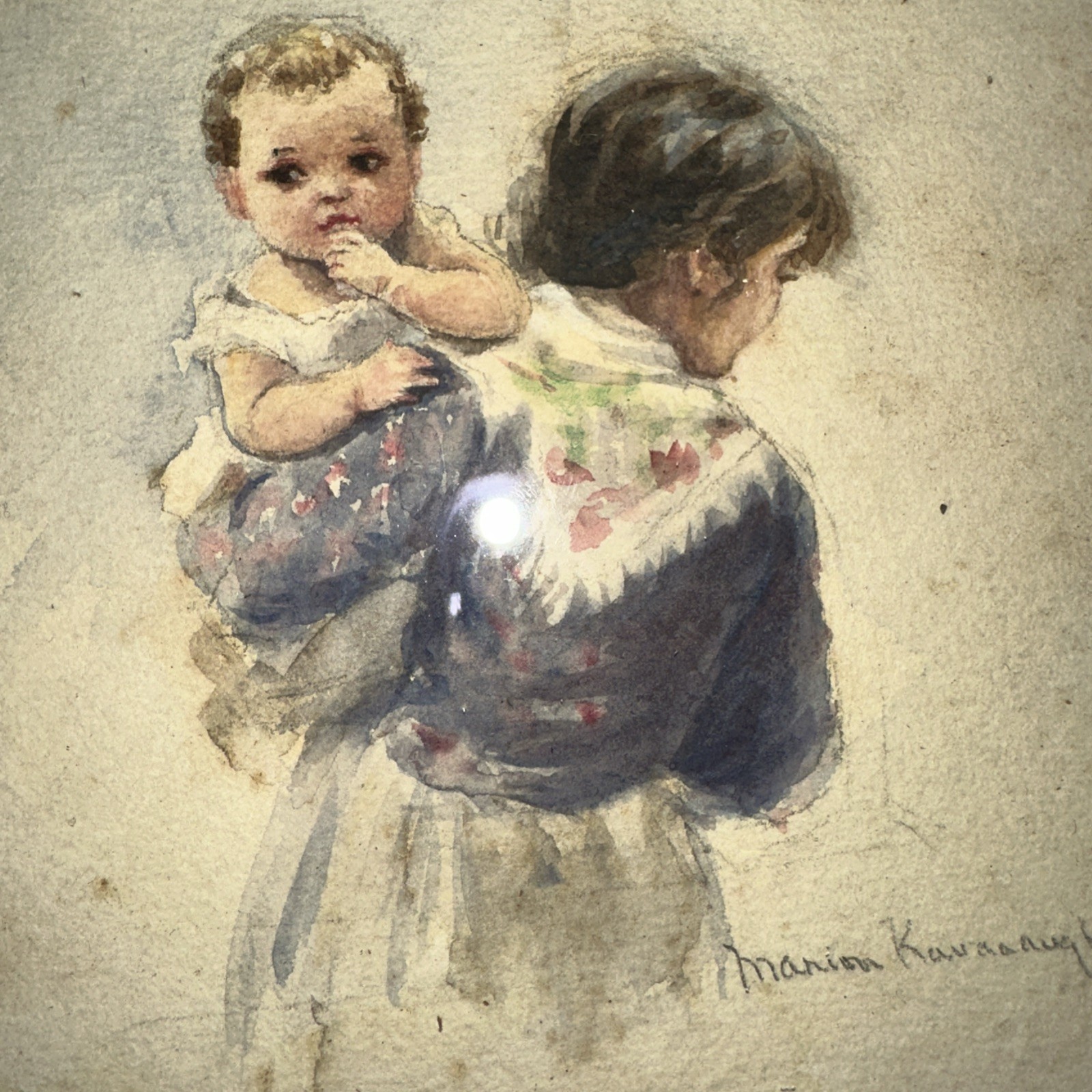 Marion Kavanaugh Signed Watercolor Mother Child Antique Oval Framed Painting