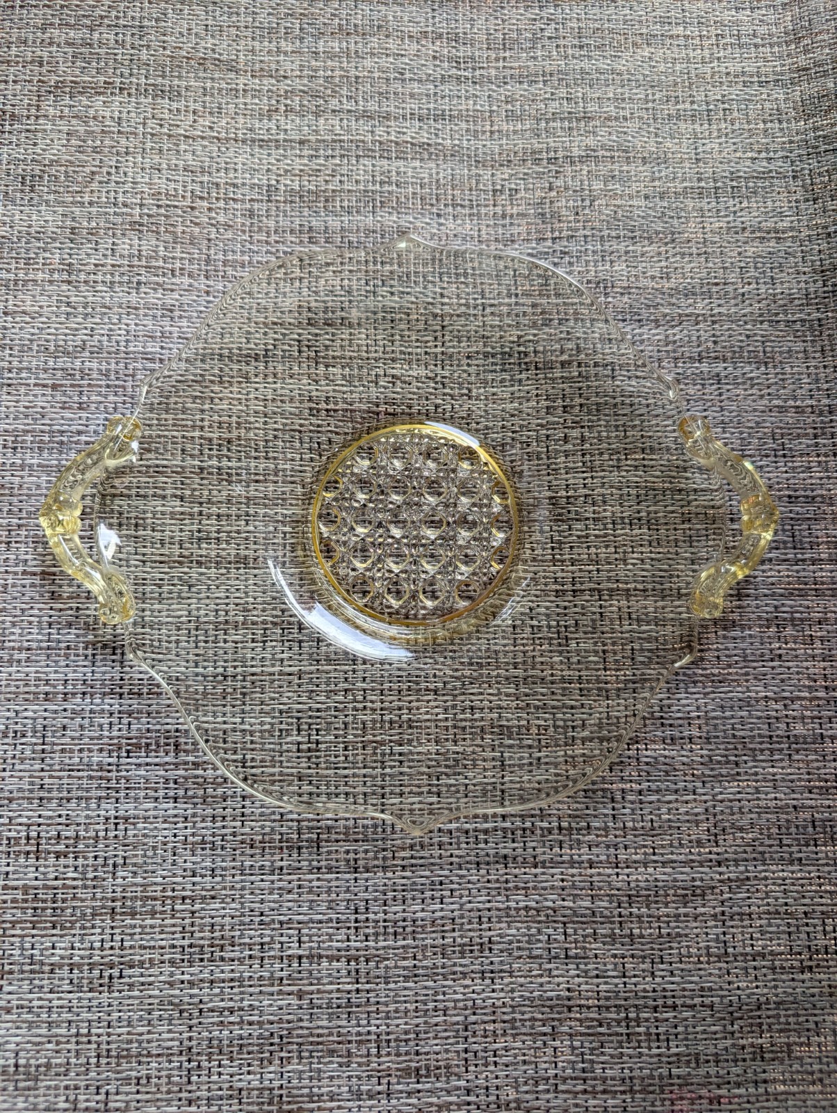 VTG 1930s Lancaster Yellow Depression Glass Etched Tray Landrum Cane w/Handles