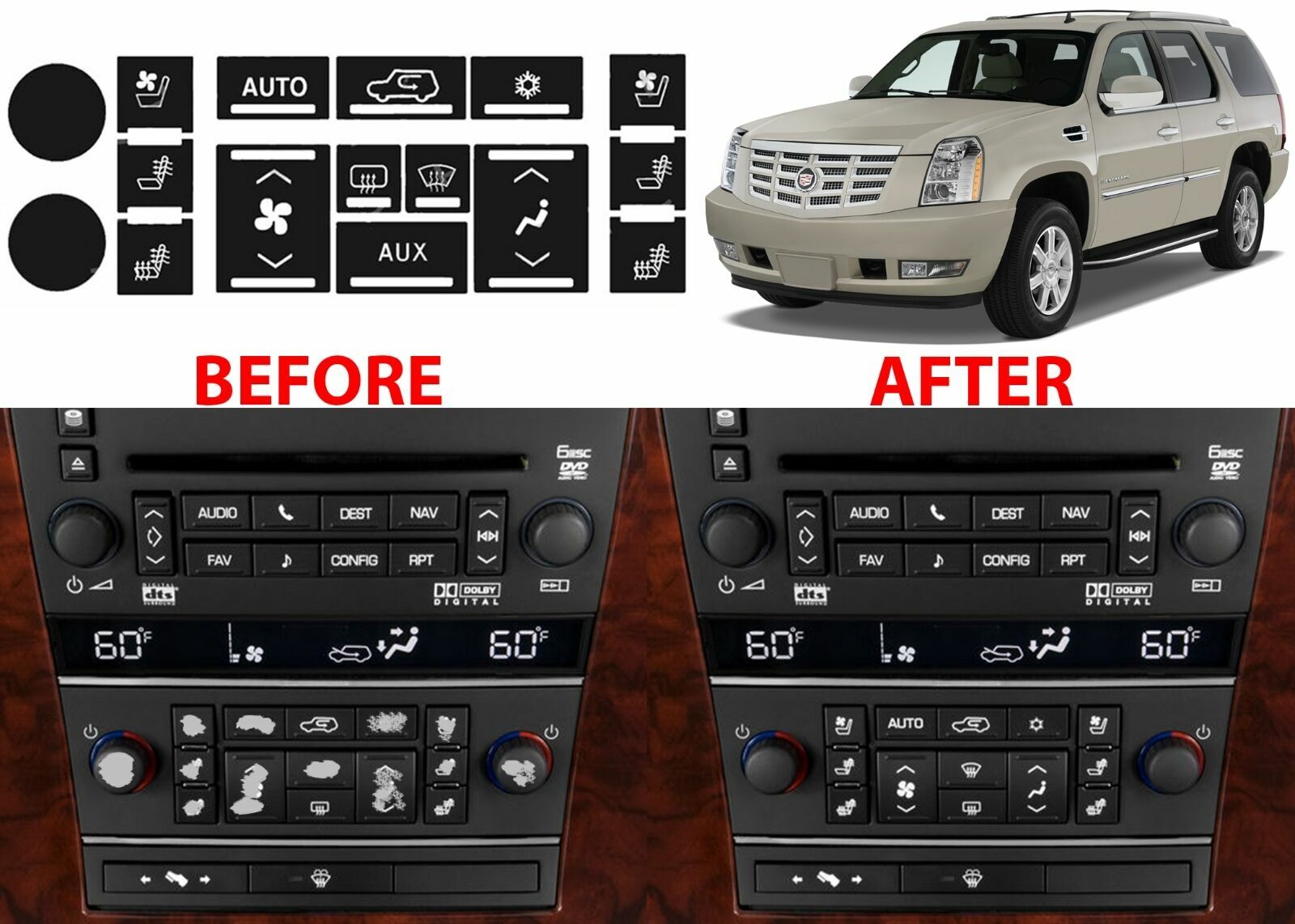 Replacement Steering Wheel Button Stickers For 07-14 Cadillac Escalade ESV EXT