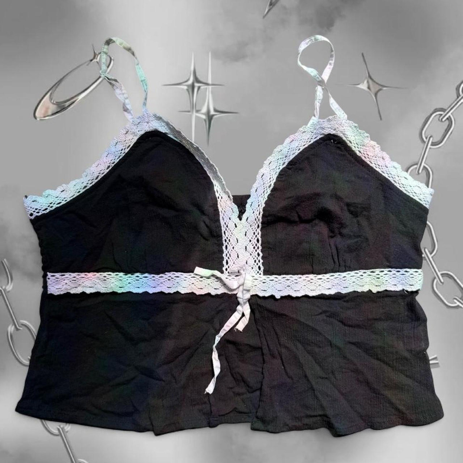 Y2K Coquette Fairy Grunge Whimsygoth Black & White Lace Babydoll Cami Top Y2K Coquette Fairy Grunge Whimsygoth Black & White Lace Babydoll Cami Top