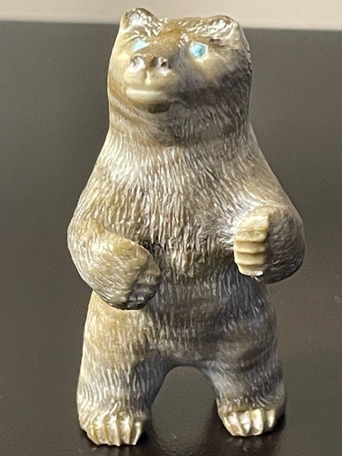 Herbert Him Zuni carved Picasso marble bear fetish turquoise inlaid eyes Signed