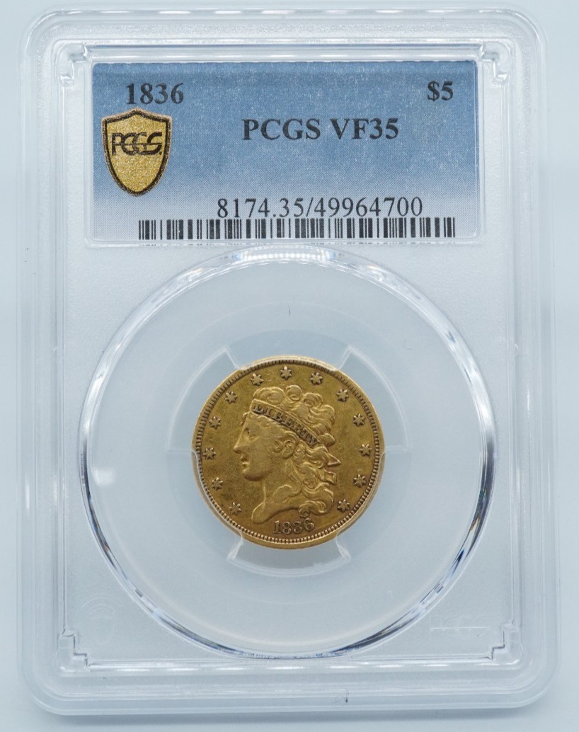 1836 Classic Head $5 Gold PCGS VF 35 *Beautiful Early Type Coin* - C462