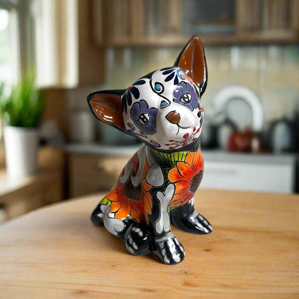 Talavera Chihuahua Statue | Mexican Folk Art Dog Figurine