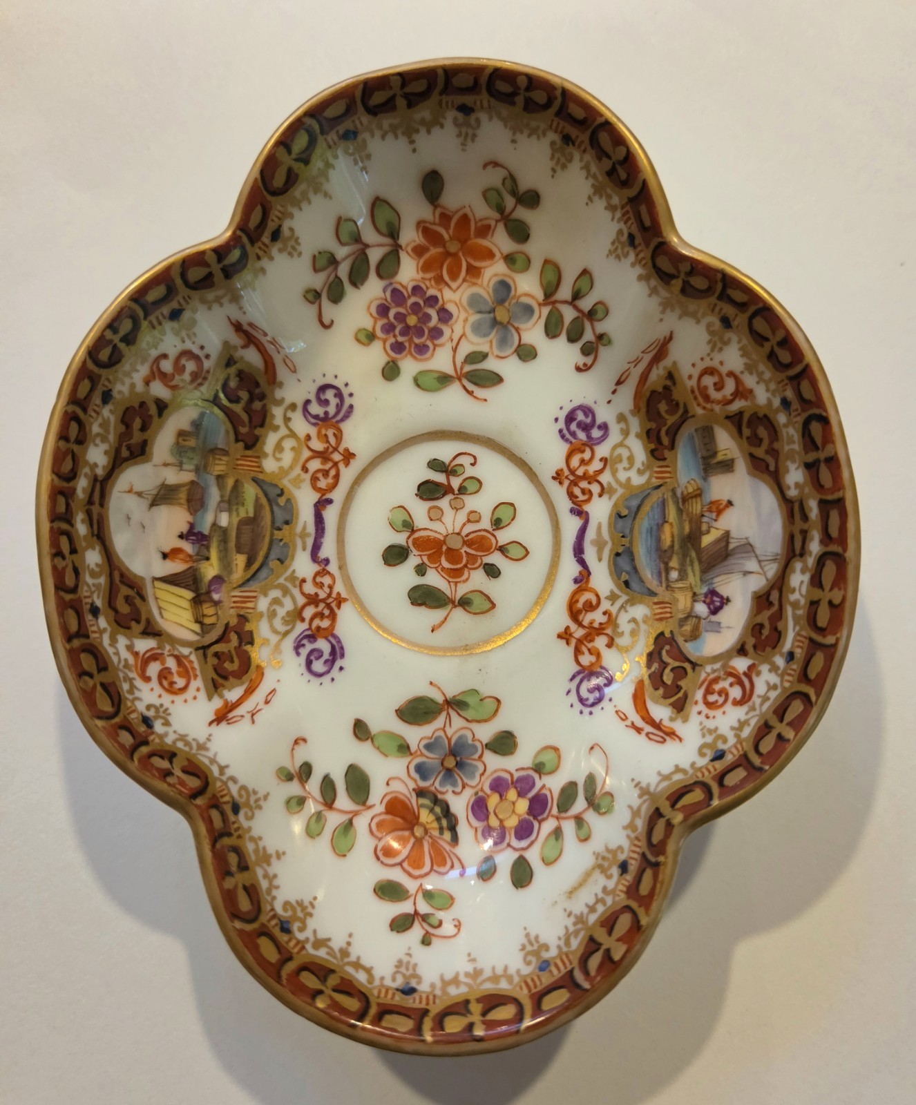 Antique Dresden Helena Wolfsohn Quatrefoil Dish AR Mark Harbor Scene c. 1880