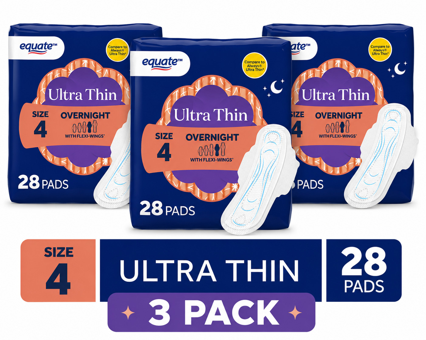 3x Ultra Thin Pads with Flexi-Wings, Overnight Absorbency, Size 4, 28 Count 3x Ultra Thin Pads with Flexi-Wings, Overnight Absorbency, Size 4, 28 Count