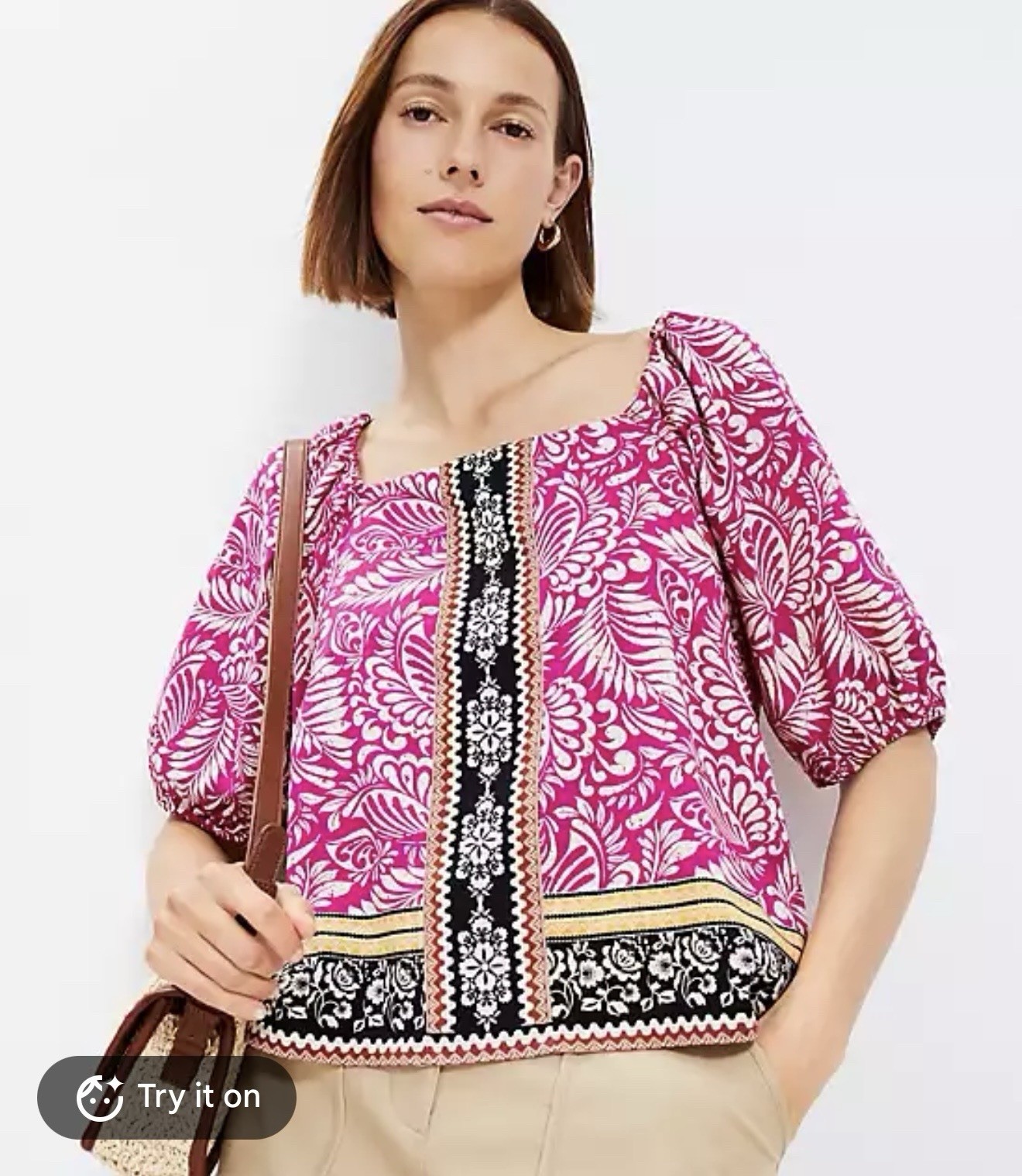 Loft Petites Pink Botanical Print Square Neck Puff Sleeve Blouse MP NWT