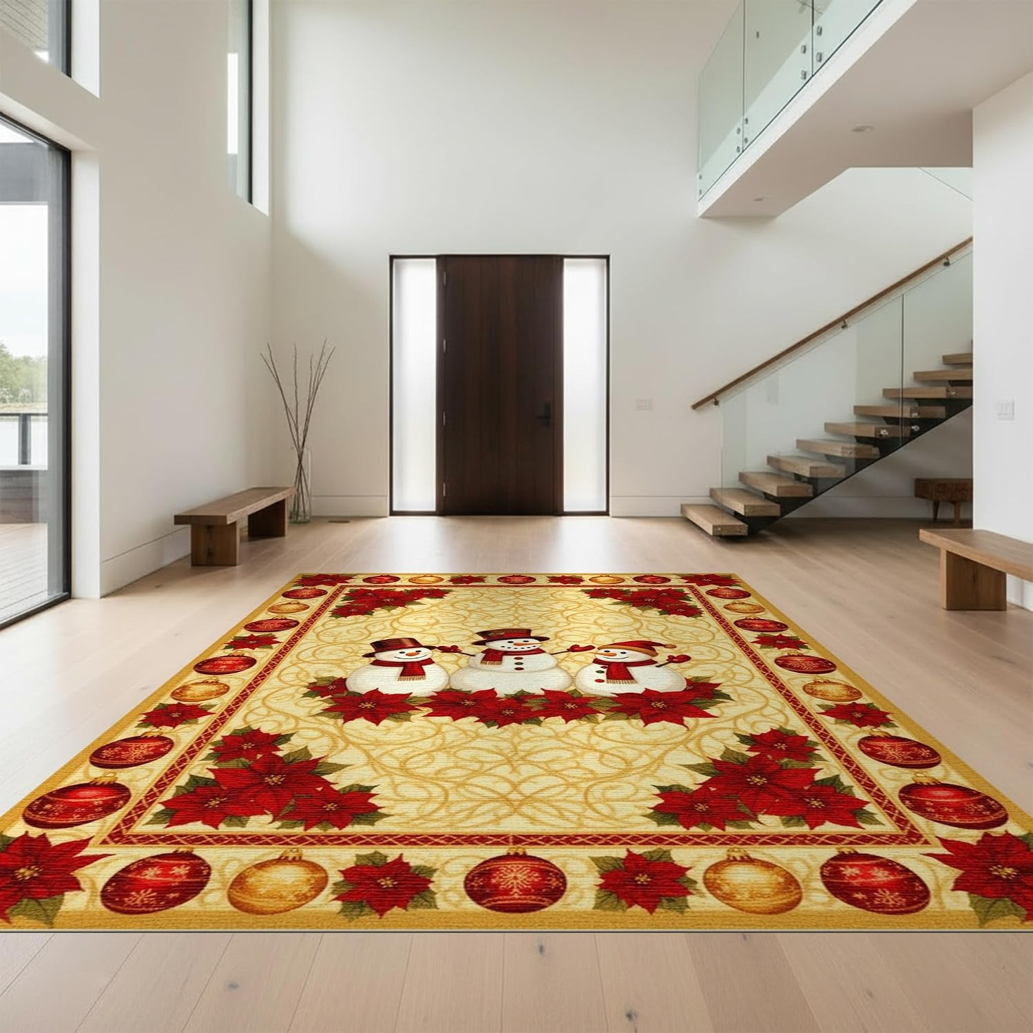 8\'X10\' Gold Cream Snowman Family Christmas Washable Area Rug 8\'X10\' Gold Cream Snowman Family Christmas Washable Area Rug