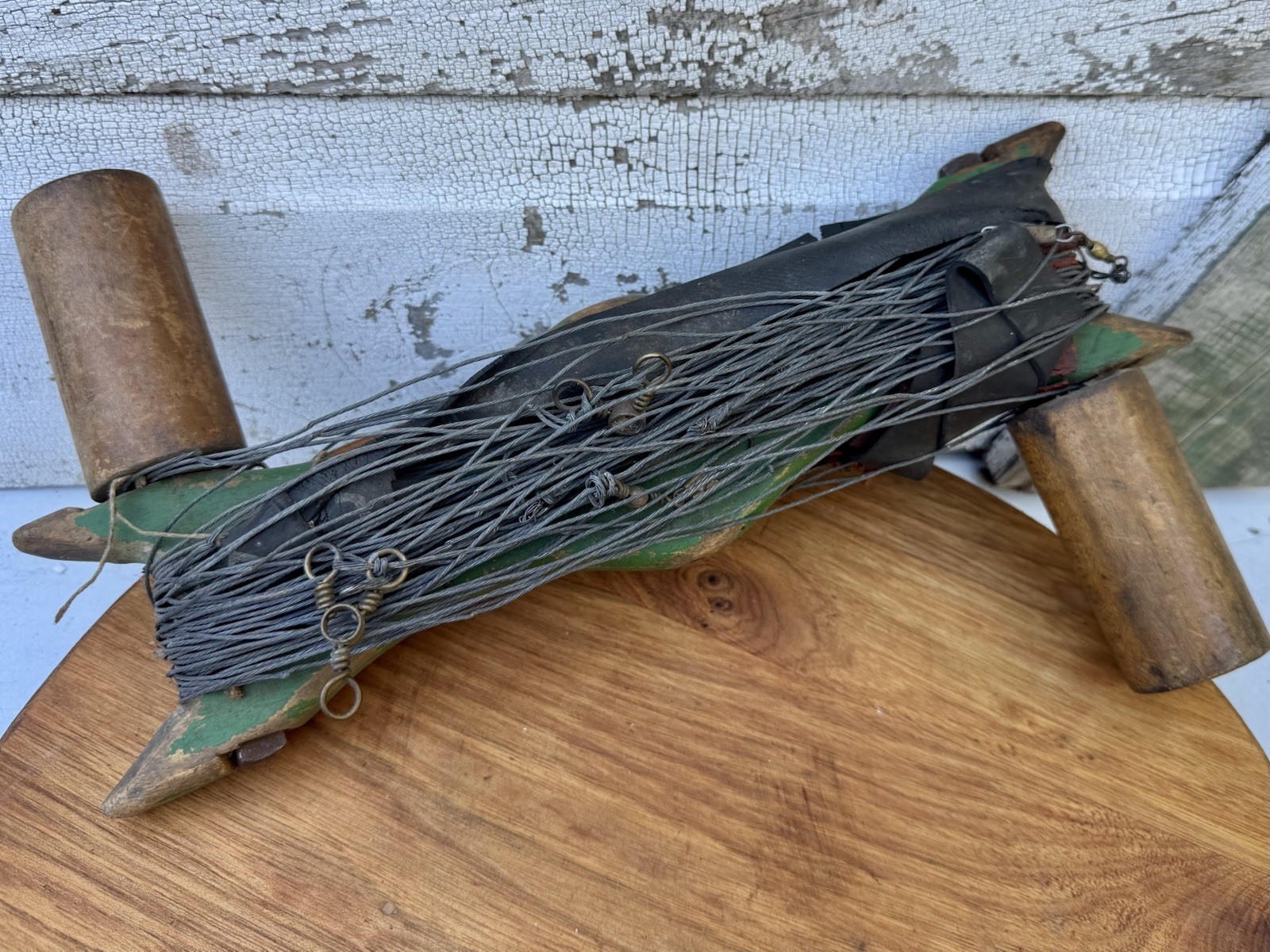 Vintage Hand Crafted Wooden Winding Reel Original Line Fishing Green Paint