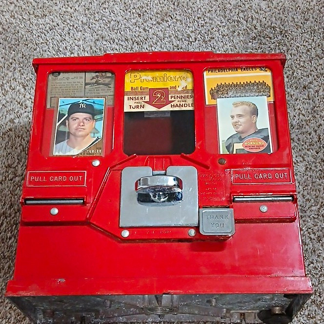 Premiere Vintage 1950s Red Metal Ball Gum and Card Vending Machine Dispenser Premiere Vintage 1950s Red Metal Ball Gum and Card Vending Machine Dispenser
