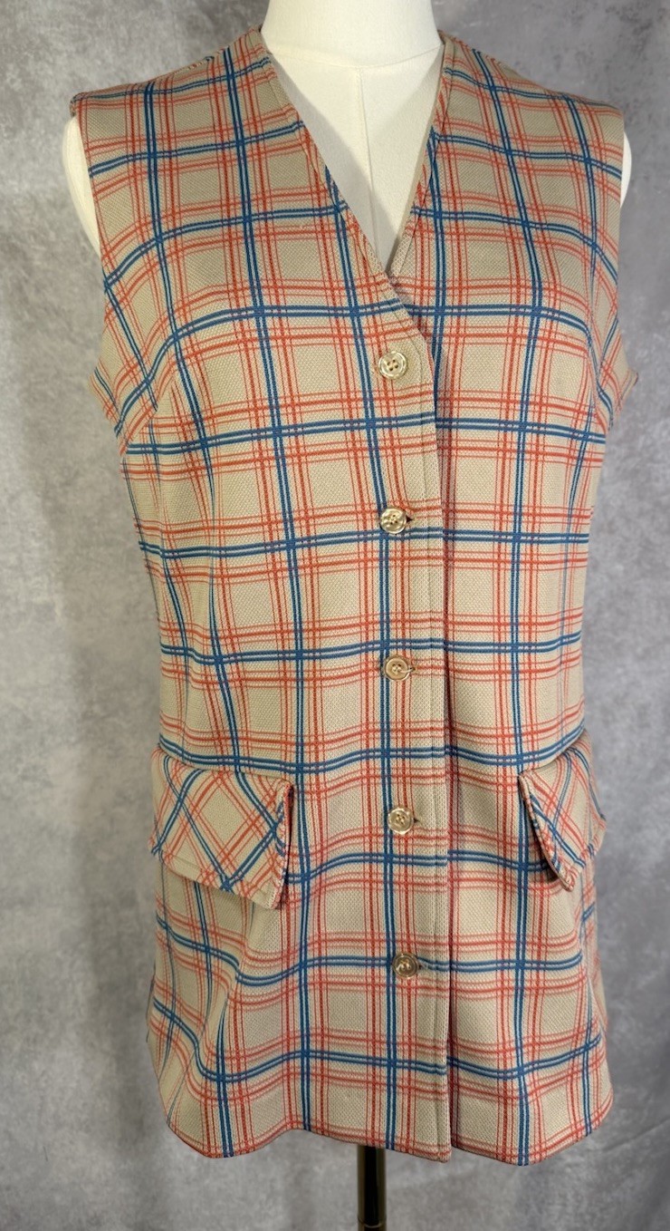 Vintage 70s Plaid Longline Vest Womens Large Double Knit Polyester Tartan