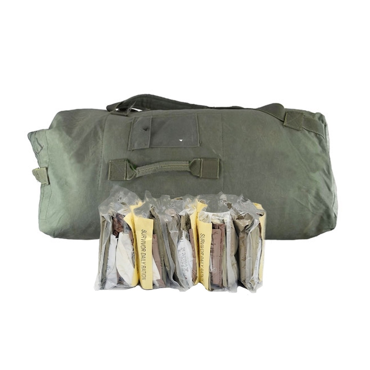 SDR MRE Survivor Daily Rations Insp Date: 8/2026 • Plus Old Style Duffle Combo