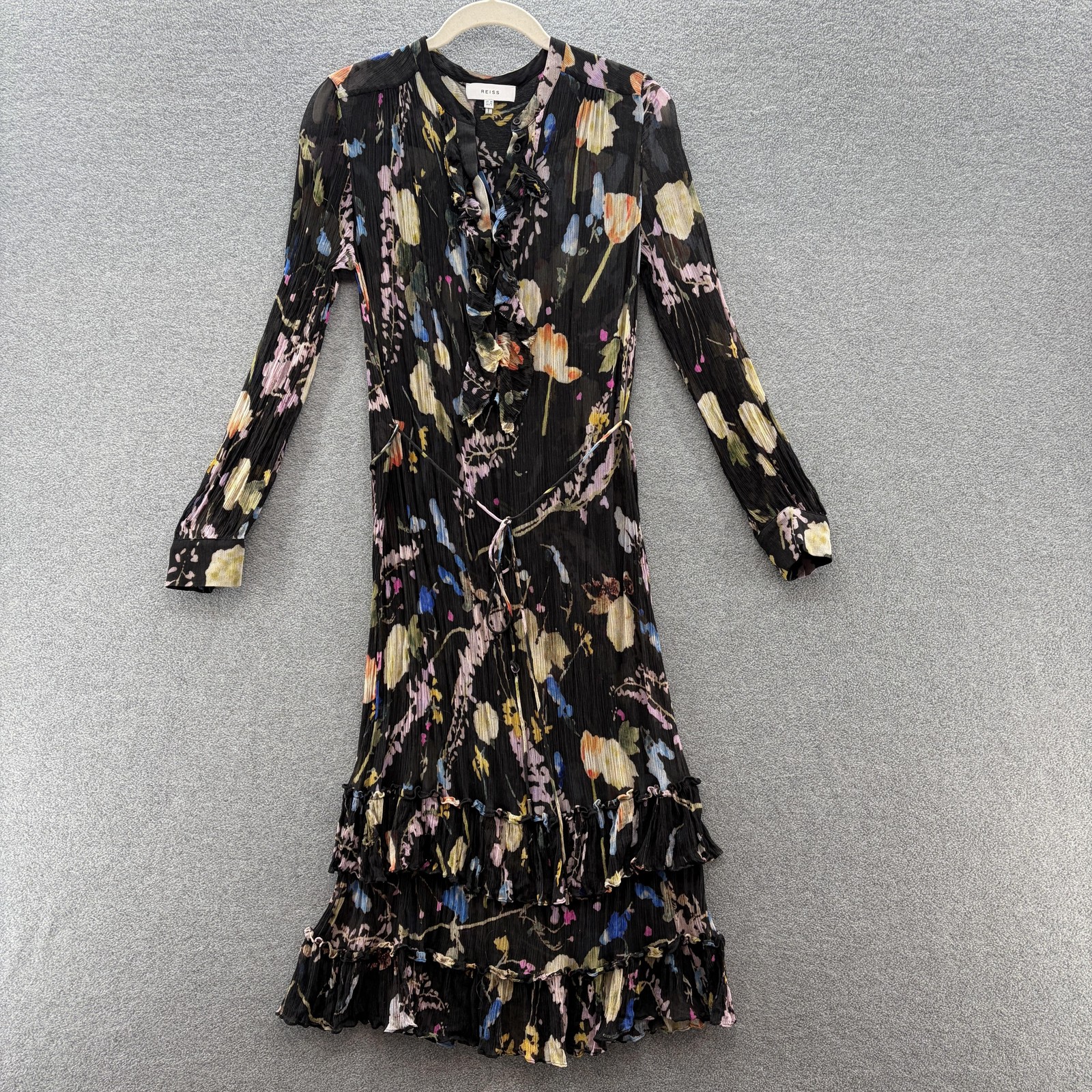 Reiss Dress 6 Black Colorful Floral Sadie Tiered Ruffle Sheer Chiffon Long Midi Reiss Dress 6 Black Colorful Floral Sadie Tiered Ruffle Sheer Chiffon Long Midi