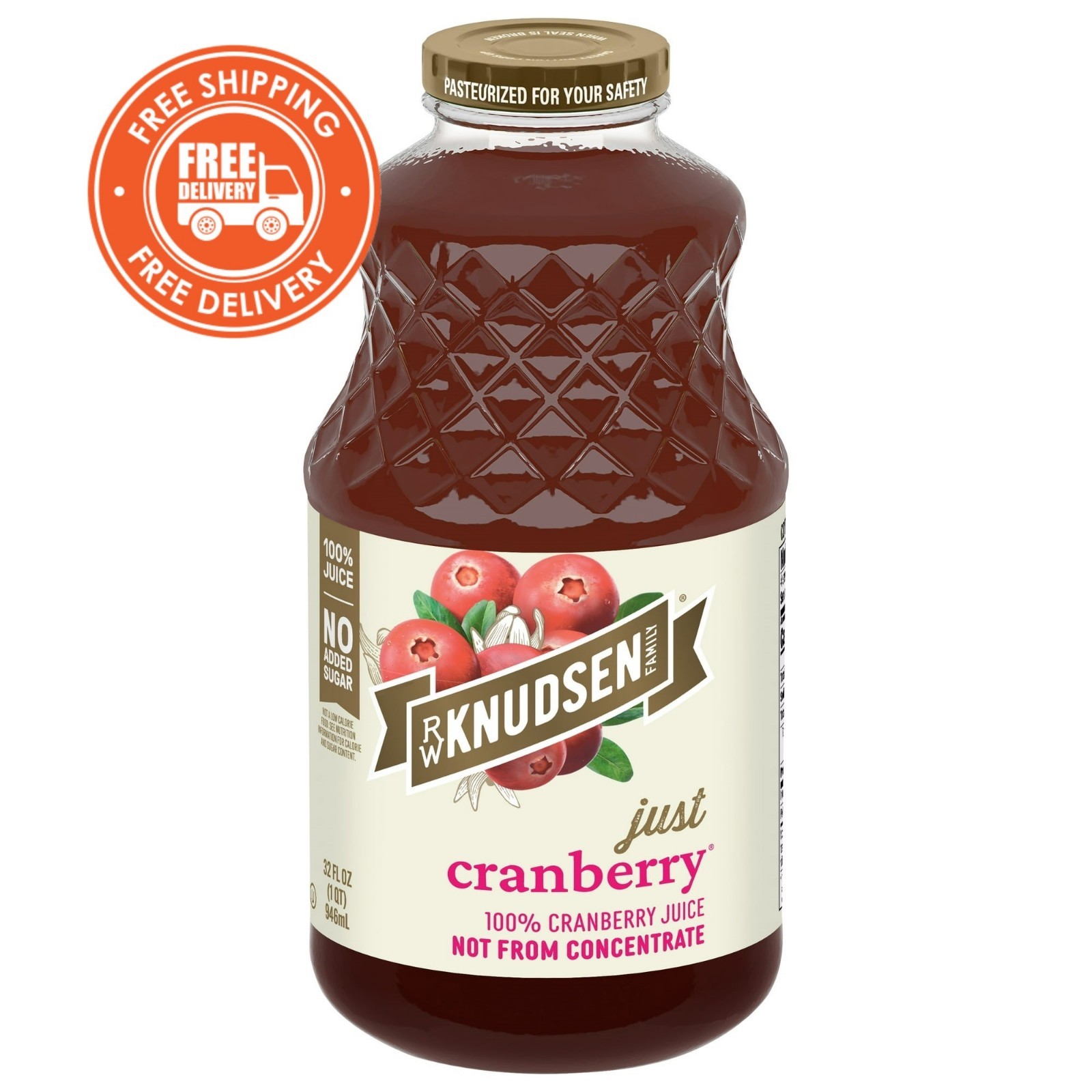 R.W. Knudsen Family 100% Pure Cranberry Juice, 32 oz Glass Bottle