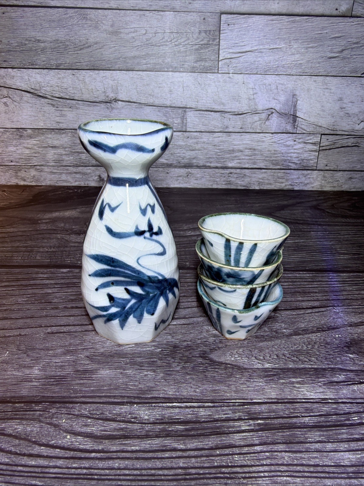 Vintage Japanese Ceramic Sake Set Tokkuri Carafe Flask 4 Ochoko Cups Vintage Japanese Ceramic Sake Set Tokkuri Carafe Flask 4 Ochoko Cups