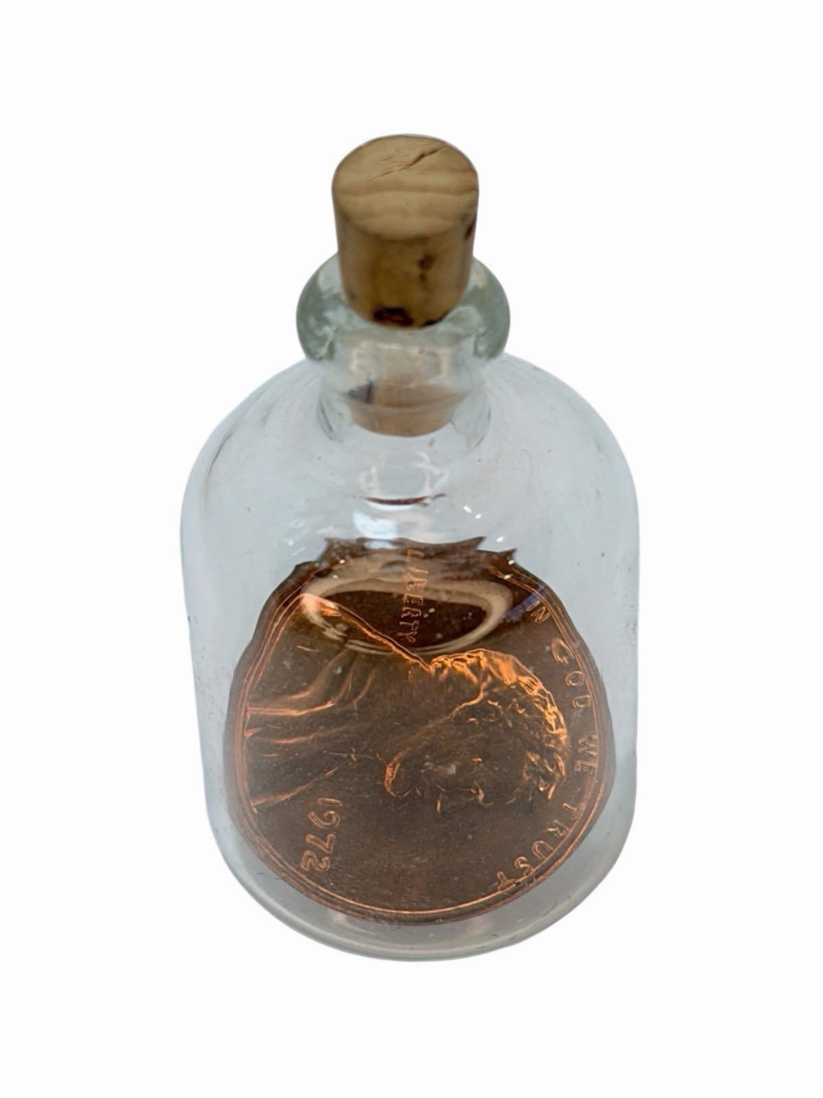 Vtg 1972 Penny in a Bottle with Cork Stopper Clear Tiny Bottle Souvenir 1.6” Vtg 1972 Penny in a Bottle with Cork Stopper Clear Tiny Bottle Souvenir 1.6”