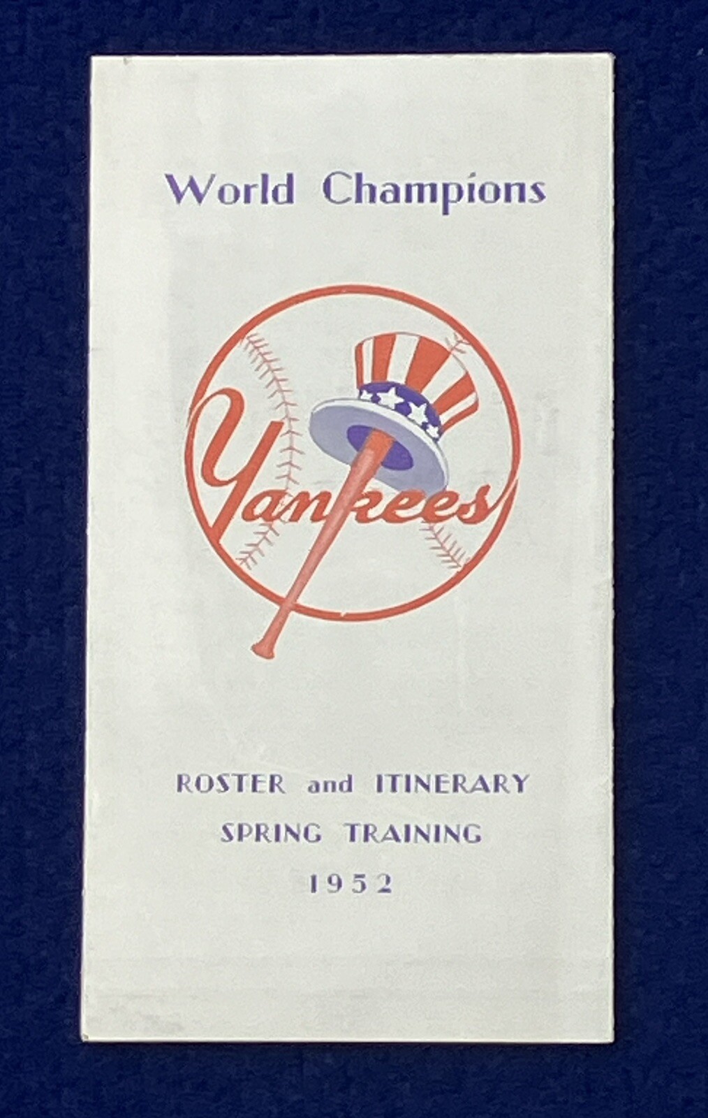 1952 WORLD CHAMPION NEW YORK YANKEES 1952 SPRING TRAINING ROSTER ITINERARY MINT