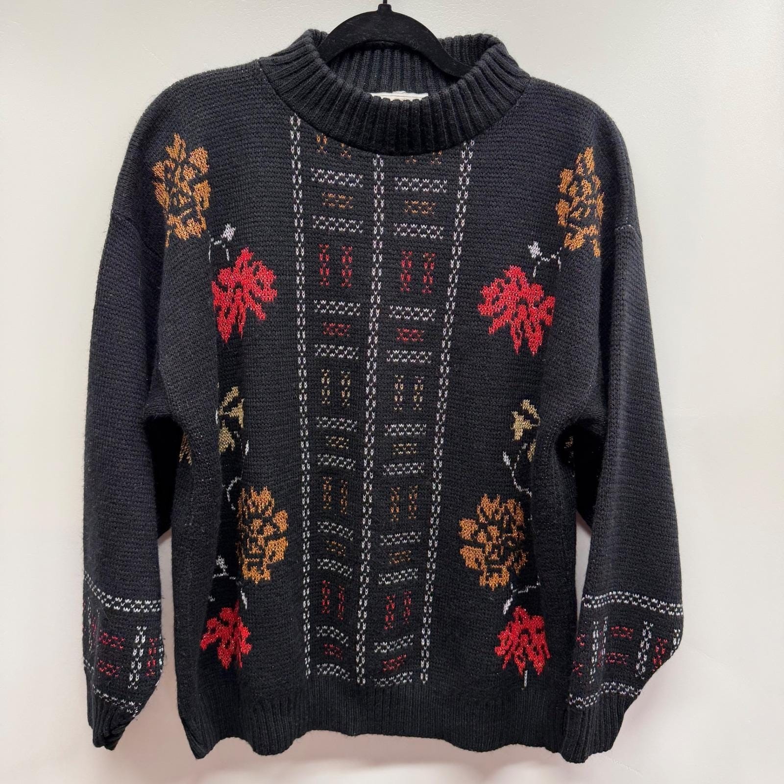 Vintage Dana Scott Black Mock Neck Sweater Womens Large Fall Leaves Grandma